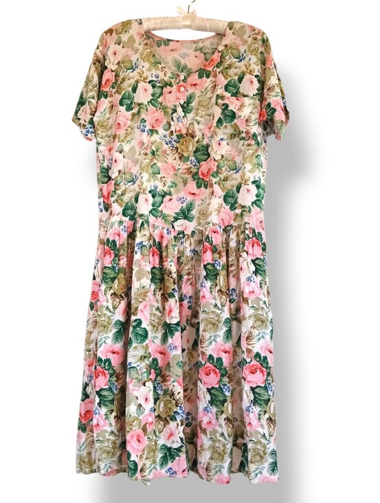 Starina Dresses & Skirts - Vintage Garden Dress Floral Button-Front Midi Front Pocket Pink Green Soft Flowy